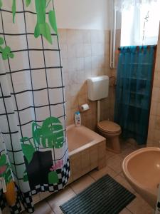 a bathroom with a tub and a toilet and a sink at Hanna 3 Apartman in Kőszeg +3 photos