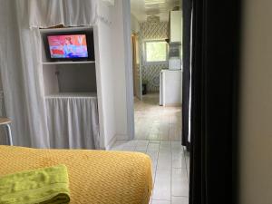 a room with a television and a hallway with a bed at F1 noir/anis, avec terrasse couverte et jardin (E) in Compreignac
