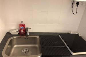a kitchen counter with a sink and aetchup bottle at Le Montesquieu-élégant studio -5 min Bellecour in Lyon