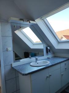 a bathroom with a sink and a mirror at A l'Orée du Bois ''Les Hêtres'' in Guewenheim
