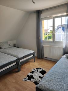 1 Schlafzimmer mit 2 Betten, einem Fenster und einem Teppich in der Unterkunft A l'Orée du Bois ''Les Hêtres'' in Guewenheim