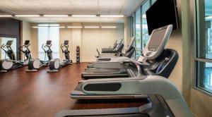 a row of cardio machines in a gym at Embassy Suites by Hilton Walnut Creek in Walnut Creek