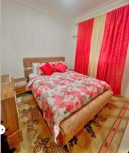 Schlafzimmer mit einem Bett mit roten Vorhängen in der Unterkunft traditional moderne apartment in mohammedia in Ben Yakhlef