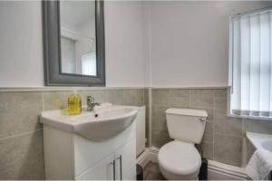 a bathroom with a sink and a toilet and a mirror at Antonio str Liverpool 6 beds in Liverpool