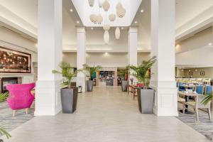 a lobby with columns and potted plants and tables at Hilton Garden Inn Waldorf in Waldorf