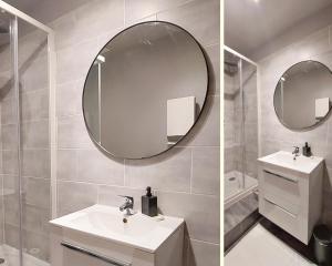 2 Bilder eines Badezimmers mit Waschbecken und Spiegel in der Unterkunft ArtGrey * Idéal Pro * Roanne Secteur Gare et rue piétonnes in Roanne