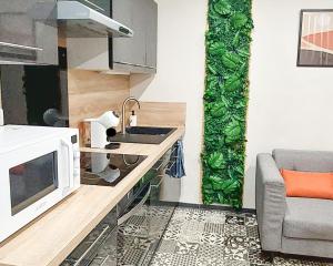 a small kitchen with a sink and a microwave at ArtGrey * Idéal Pro * Roanne Secteur Gare et rue piétonnes in Roanne
