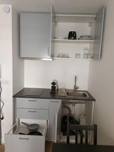 eine kleine Küche mit einer Spüle und einer Theke in der Unterkunft Le Petit Bonald- studio Universités Lyon 2 et 3 in Lyon