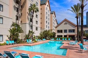 uma piscina com cadeiras, palmeiras e edifícios em Homewood Suites by Hilton-Anaheim em Anaheim