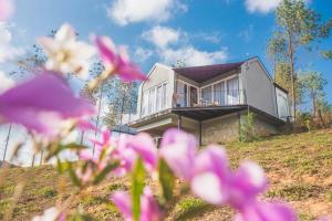 a house on a hill with flowers in the foreground at Timber Lodge Camanducaia in Monte Verde