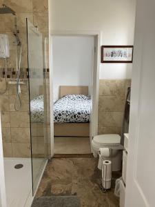 a small bathroom with a shower and a toilet at Withy Farm in Canterbury