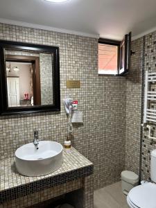 ein Badezimmer mit einem Waschbecken, einem Spiegel und einem WC in der Unterkunft Home Simoni in Ploieşti
