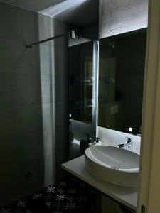 a bathroom with a white sink and a mirror at Мamma Mia Аpartments in Budva