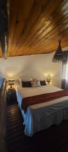 ein Schlafzimmer mit einem großen Bett und einer Holzdecke in der Unterkunft Lobo Guará Hospedagem Loft in Alto Paraíso de Goiás