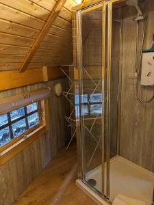 a shower with a glass door in a room at Woods Meadow Glamping in West Malling