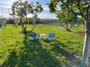 due sedie e un tavolo in un campo alberato di Villa ,,Sea Breeze,, - home by the sea a Nea Anchialos