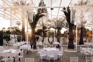 托雷德爾馬爾的住宿－Hostal Paraiso del Mar，宴会厅配有白色桌子和棕榈树