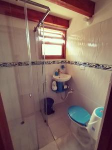 y baño con ducha, aseo y lavamanos. en Hospederia Sandaned, en Villa de Leyva