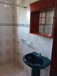 uma casa de banho com um lavatório verde e um espelho em El oso viejo em Puerto Iguazú
