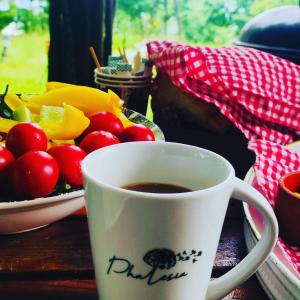 a cup of coffee sitting next to a plate of fruit at Phalesia Glamping Otel in Sapanca