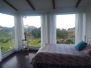 een slaapkamer met een bed en grote ramen met uitzicht bij Vista Hermosa Suite 