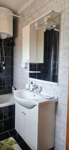 ein Badezimmer mit einem Waschbecken, einem Spiegel und einer Badewanne in der Unterkunft Apartman stan Konjic in Konjic