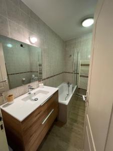 La salle de bains est pourvue d'un lavabo et d'une baignoire. dans l'établissement Le Perralieres charmant 2 chambres métro Flachet, à Villeurbanne