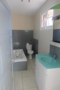 a bathroom with a sink and a tub and a toilet at Maison Au Milieu De La Foret in Labastide-Rouairoux +26 photos
