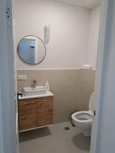 a bathroom with a sink and a toilet and a mirror at Apartament la casa in Bistriţa