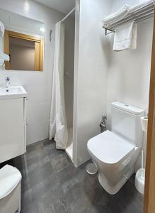 パンプローナにあるPensión Sarasateの白いバスルーム(トイレ、シンク付)