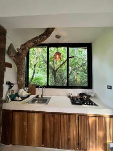 a kitchen with a sink and a large window at Taino Beach Lofts in El Valle +32 photos