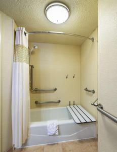 a bathroom with a bath tub with a shower curtain at Hampton Inn I-10 & College Drive in Baton Rouge