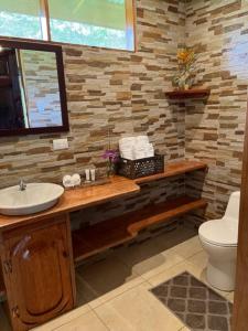 uma casa de banho com um lavatório e um WC em Siquirres Mountain Lodge em Siquirres