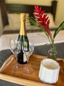uma bandeja de madeira com uma garrafa de champanhe e 2 taças de vinho em Siquirres Mountain Lodge em Siquirres