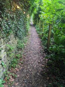 a dirt trail next to a stone wall at Stay Wild Retreats 'Glamping Pods and Tents' in Wrexham