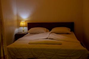 ein Schlafzimmer mit einem Bett mit zwei Kissen und einer Lampe in der Unterkunft Mwiza in Kigali