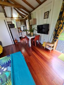 帕蒂博的住宿－La kaz nature bien-être，客厅铺有木地板,配有平面电视。
