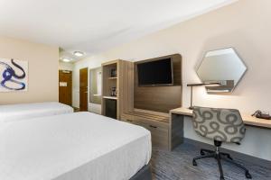 um quarto de hotel com uma cama, uma secretária e uma televisão em Holiday Inn Express Belgrade-Bozeman Area, an IHG Hotel em Belgrade