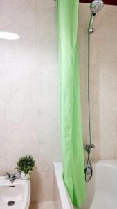 パルム・マールにあるApartamentos Yaizaのトイレの隣に緑色のシャワーカーテンが付いたバスルームが備わります。