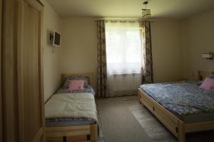 a bedroom with two twin beds and a window at Ostoja Niedźwiedzia in Cisna