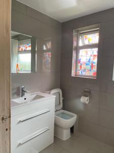 Addington的住宿－offering cheerfull and spacious rooms throught this 3 bed room semi detached house with large garden and off-street parking.，一间带卫生间、水槽和镜子的浴室