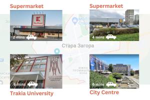 un collage de fotos de diferentes edificios en Hello Studios Budget Stays Free Parking & Wifi, en Stara Zagora