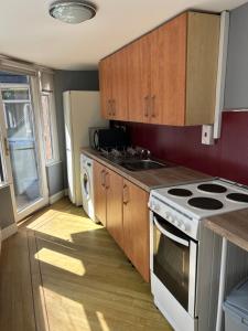 a kitchen with a stove and a sink in it at The Village apartment. in Marton