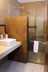 La salle de bains est pourvue d'un lavabo et d'une douche avec une porte en verre. dans l'établissement LAS ALAMEDAS Departamentos céntricos con estacionamiento privado, à Guanajuato