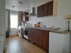 cocina con armarios de madera, lavadora y secadora en Central Town Apartment, en Wexford