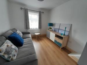 a living room with a couch and a fish tank at Central Town Apartment in Wexford