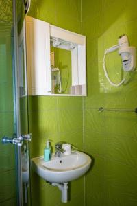 a green bathroom with a sink and a mirror at Marilyn Monroe 2 Apartman in Mostar