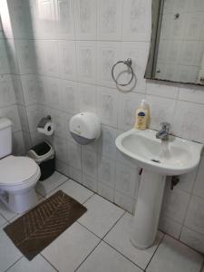 uma casa de banho com um lavatório, um WC e um espelho. em Hospedajes Roma em Valdivia