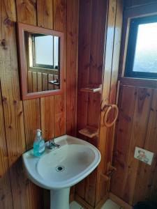 uma casa de banho com um lavatório branco e um espelho. em Hospedajes Roma em Valdivia