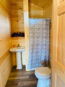 a bathroom with a toilet and a sink in a log cabin at Brushcreek Falls RV Resort in Princeton